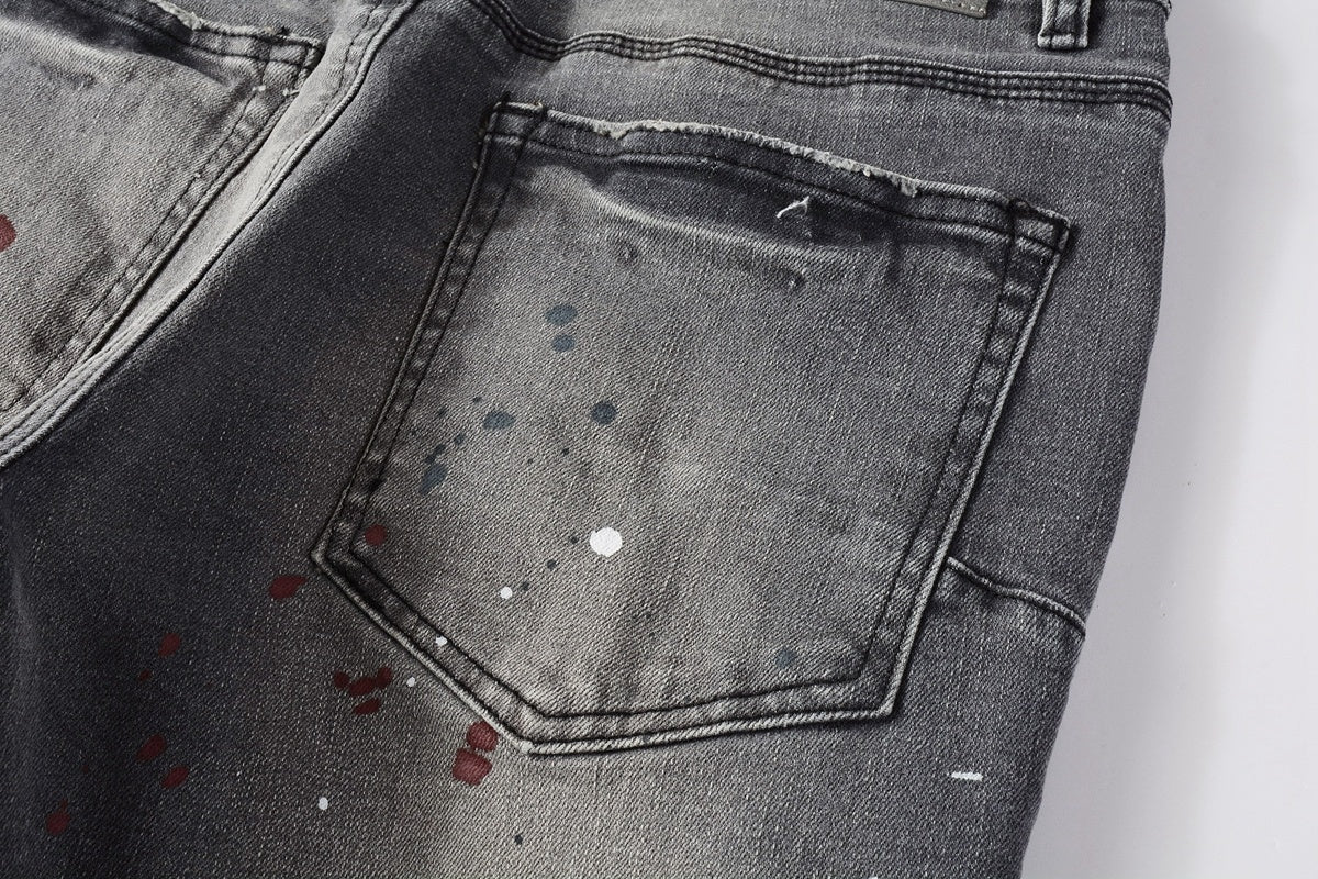 Men's Distressed Gray Graffiti Skinny Jeans with Ripped Holes & Button Fly