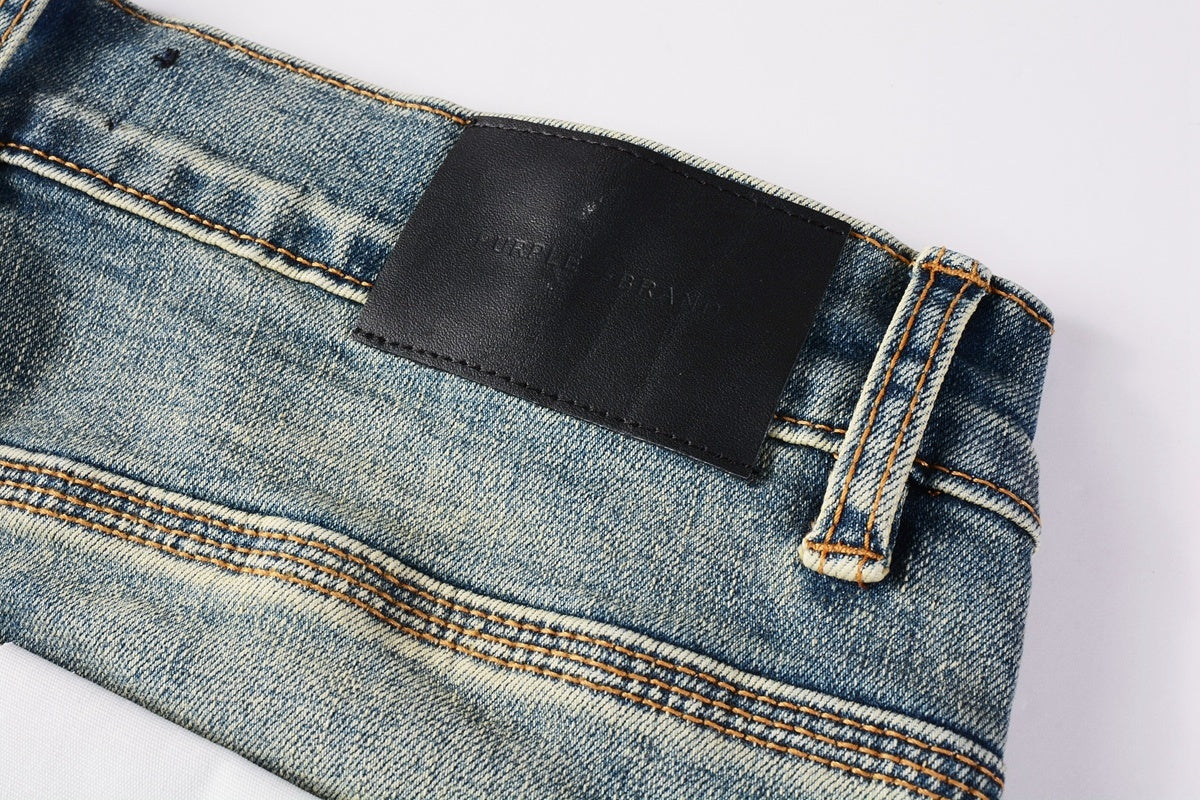 Men's Slim Fit Distressed Light Blue Damaged Holes Blue Patchwork Stretch Ripped Jeans Pants