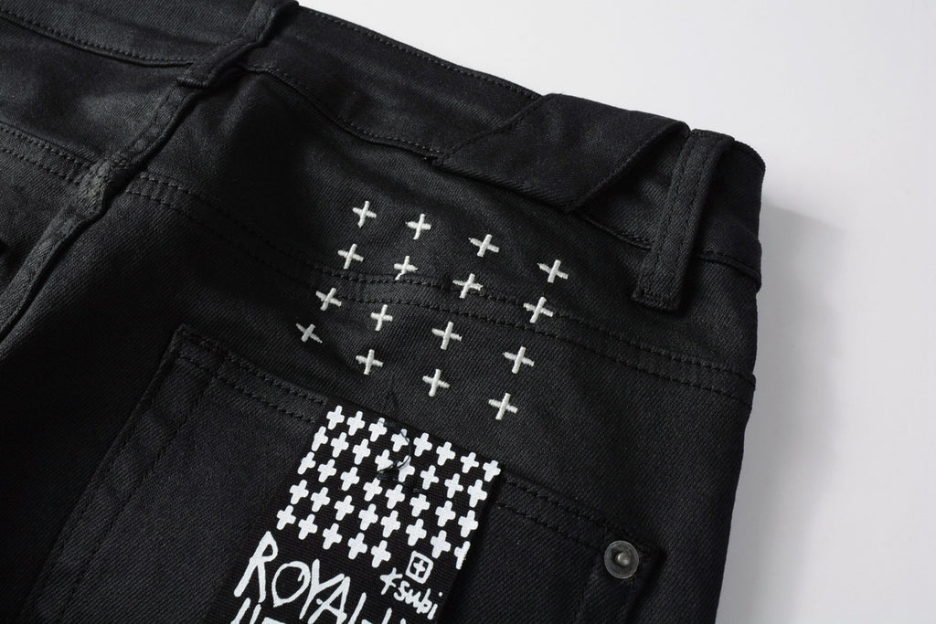 Men's Black Coated Embroidered Distressed Skinny Jeans - Stretch Denim