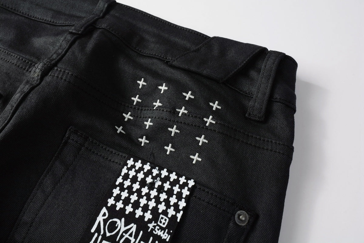 Men's Black Coated Embroidered Distressed Skinny Jeans - Stretch Denim