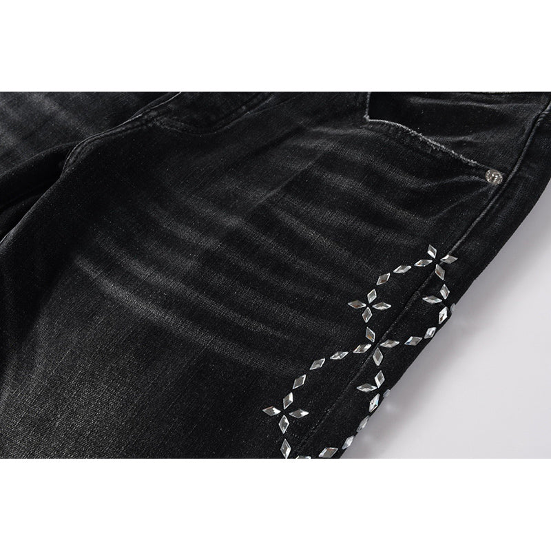 Men's Black Washed Bandana Rhinestone Skinny Jeans | Streetwear Slim Fit Embellished Denim Pants
