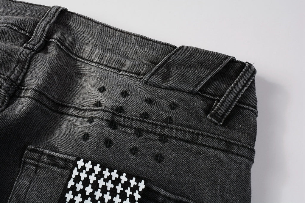 Men's Grey Wash Patchwork Distressed Skinny Jeans - Stretch Denim