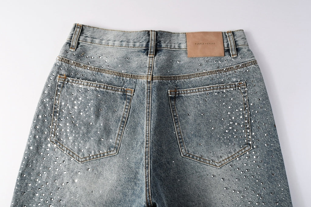 Men's Washed Distressed Blue Denim Shorts with Rhinestones, Ripped Details & Loose Fit