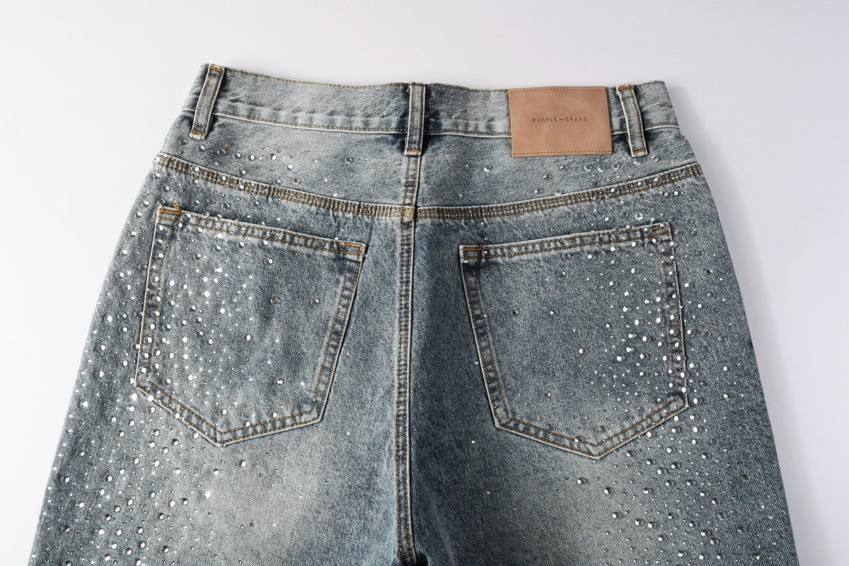 Men's Washed Distressed Blue Denim Shorts with Rhinestones, Ripped Details & Loose Fit
