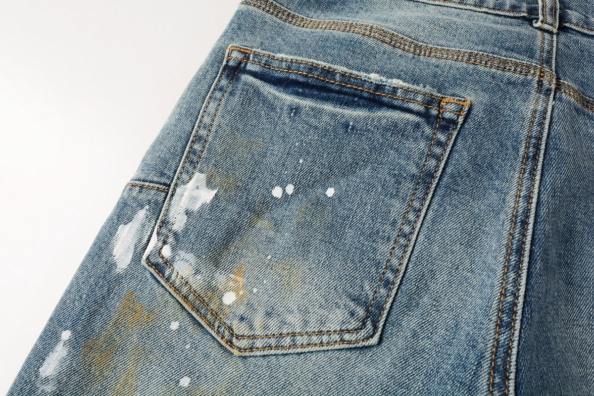 Men's Slim Fit Distressed Blue Graffiti Skinny Jeans with Ripped Holes & Button Fly