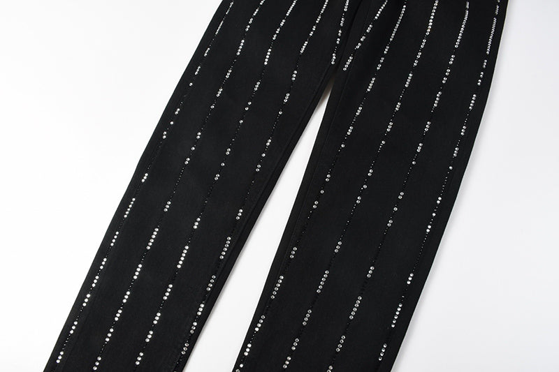 Men's Black Vertical Rhinestone Striped Skinny Jeans | Streetwear Slim Fit Denim Pants