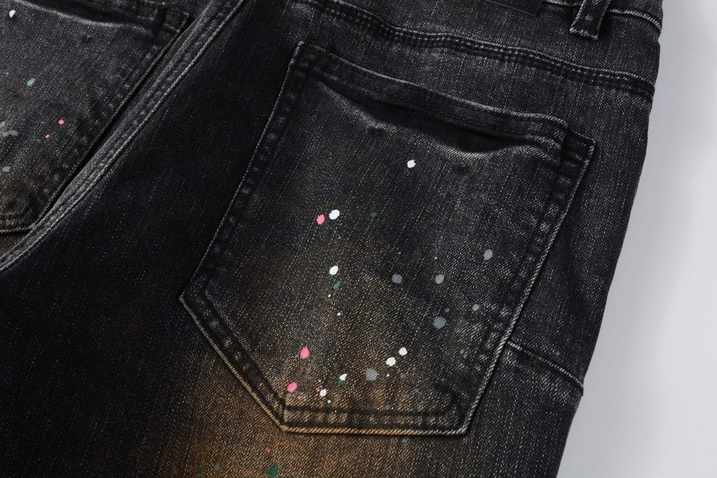 American Vintage Men's Distressed Dark Gray Skinny Jeans with Spray Paint & Ripped Holes