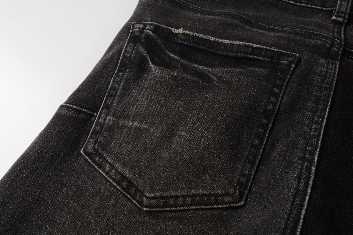 Men's Distressed Black Gray Patchwork Skinny Jeans with Ripped Holes & Button Fly