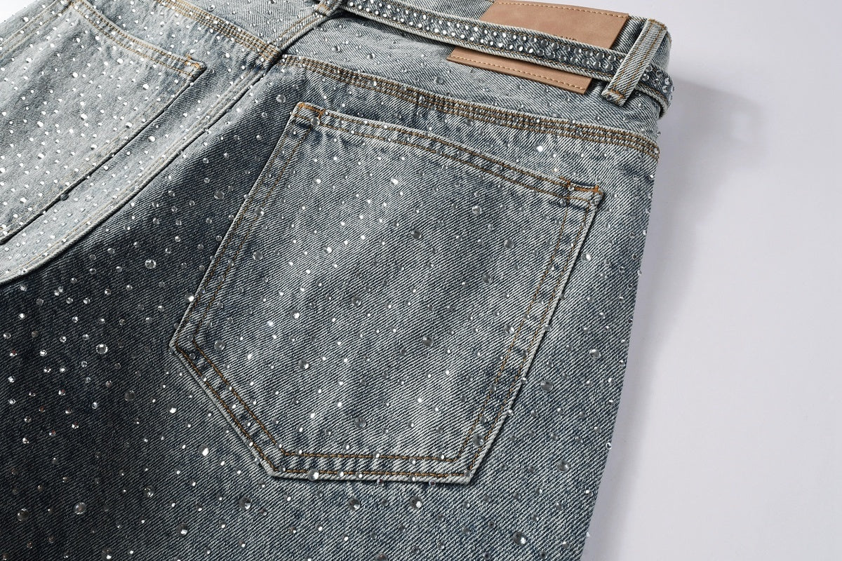 Men’s Baggy Light Blue Rhinestone Jeans – Loose Fit Wide Leg Denim