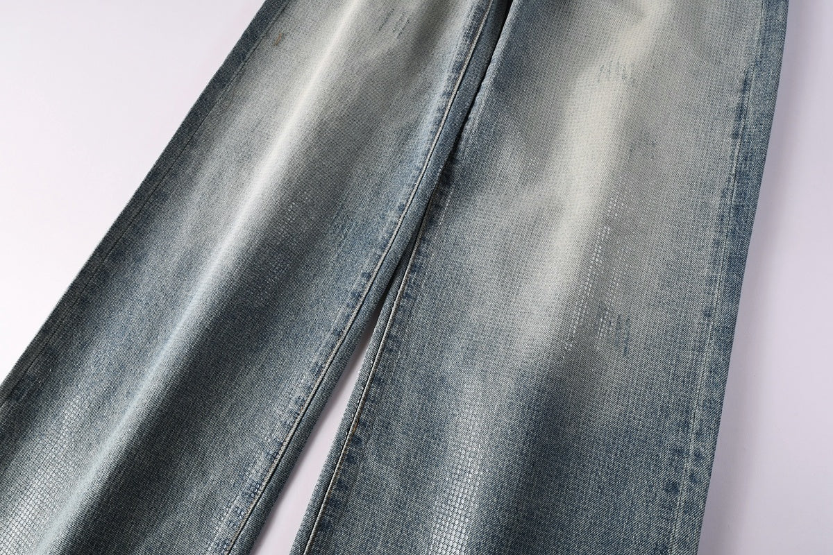 High-Quality Distressed Blue Wide Leg Jeans for Men & Women with Loose Fit & Stretch Denim