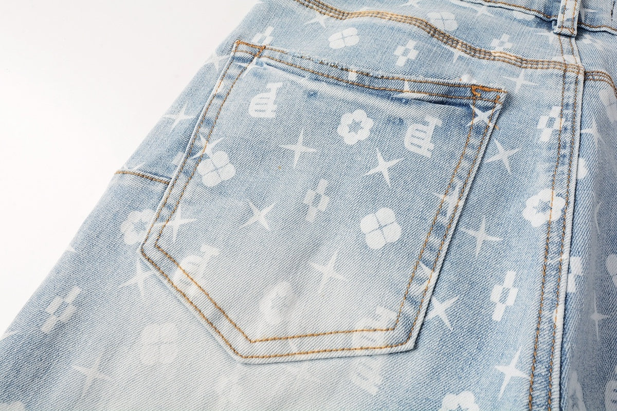 Men's Distressed Light Blue Skinny Jeans with Laser Print Patterns & Button Fly