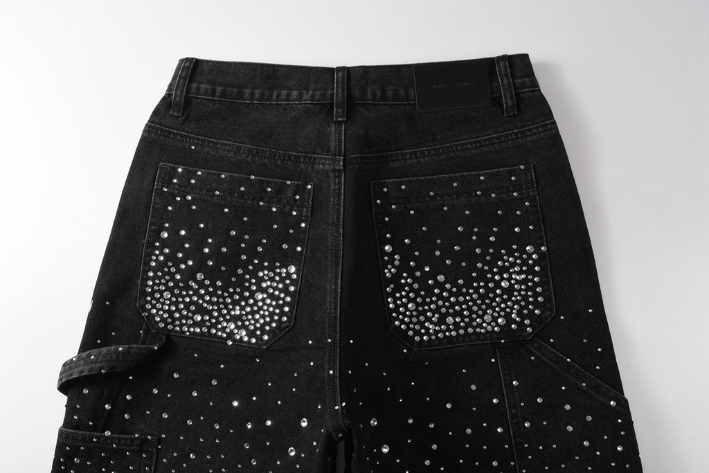 Men's Distressed Black Denim Shorts with Rhinestones, Ripped Holes & Loose Fit