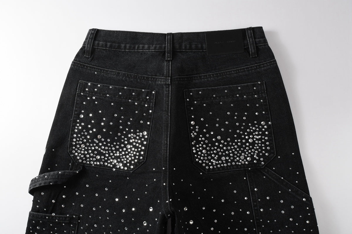 Men's Distressed Black Denim Shorts with Rhinestones, Ripped Holes & Loose Fit