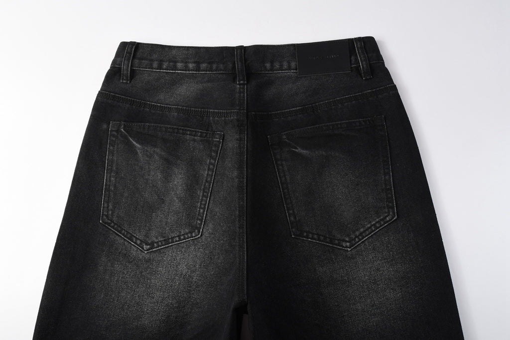 High-Quality Men's Distressed Black Denim Shorts with Rhinestones, Ripped Holes & Loose Fit