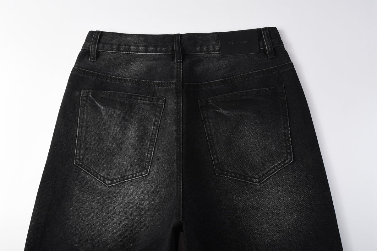 High-Quality Men's Distressed Black Denim Shorts with Rhinestones, Ripped Holes & Loose Fit