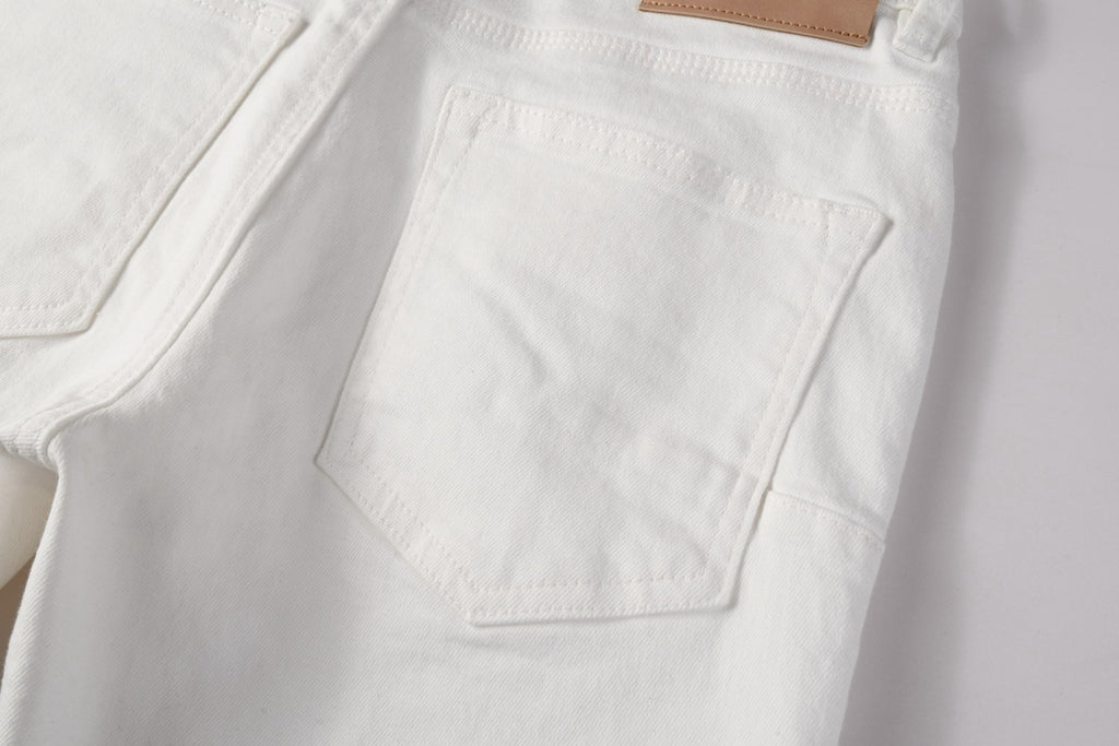 Men's Distressed White Beige Skinny Jeans with Ripped Holes & Button Fly