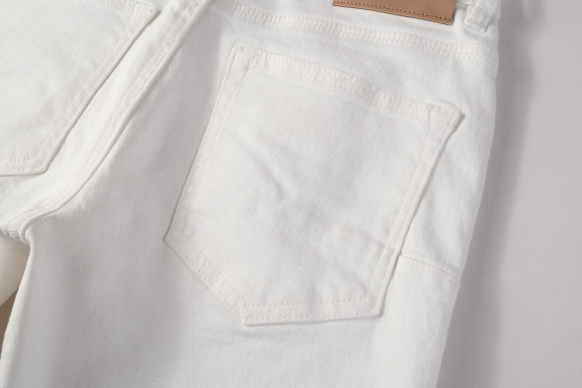 Men's Distressed White Beige Skinny Jeans with Ripped Holes & Button Fly