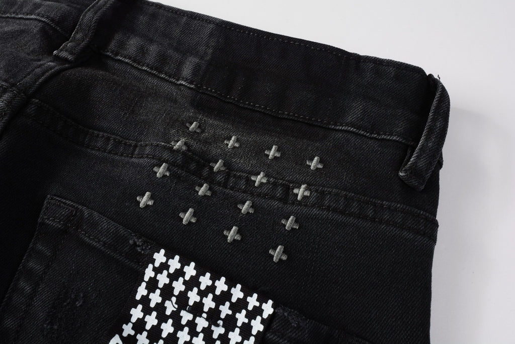 Men's Black Wash Cross-Studded Distressed Skinny Jeans - Stretch Denim