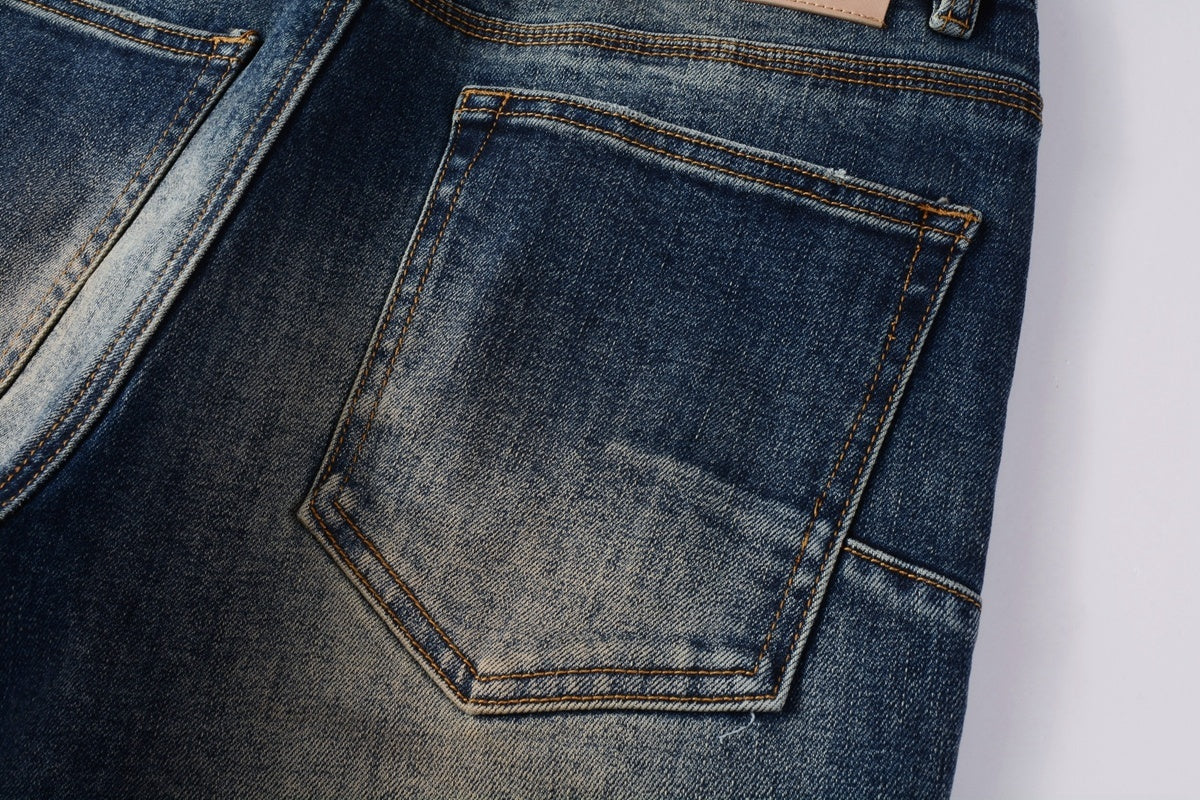 Men's Distressed Dark Blue Skinny Jeans with Button Fly & Ripped Detailing