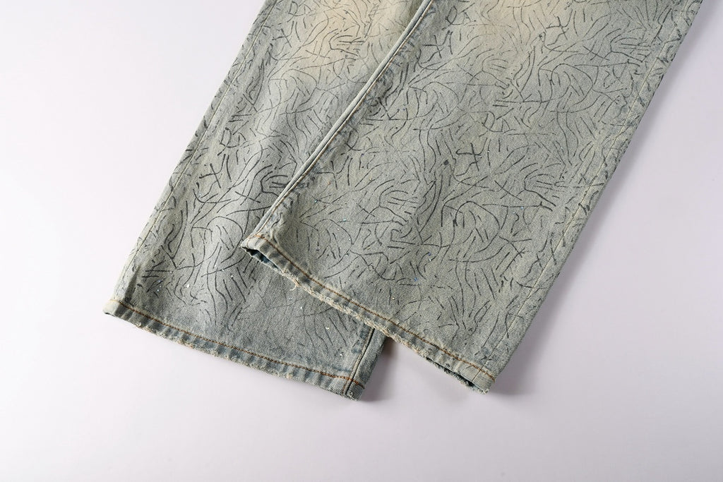 Men's Washed Distressed Blue Baggy Jeans with Rhinestones & Loose Fit