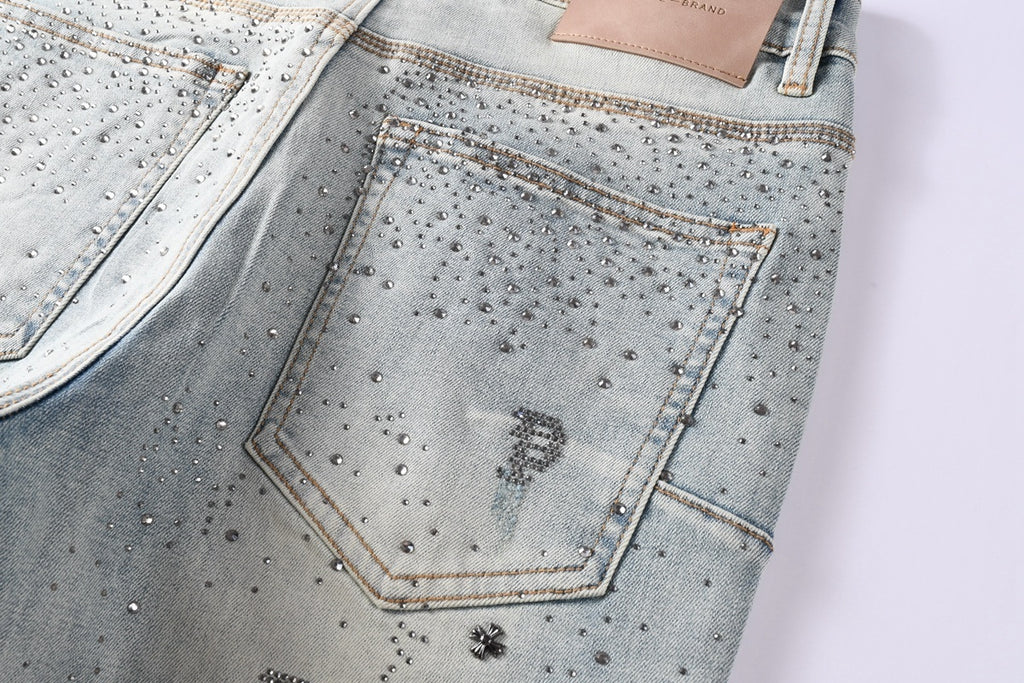 Purple Brand Men's Distressed Skinny Jeans with Cross Rhinestones, Ripped Holes & Button Fly