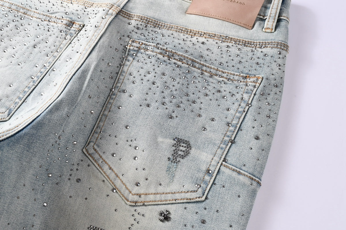 Purple Brand Men's Distressed Skinny Jeans with Cross Rhinestones, Ripped Holes & Button Fly