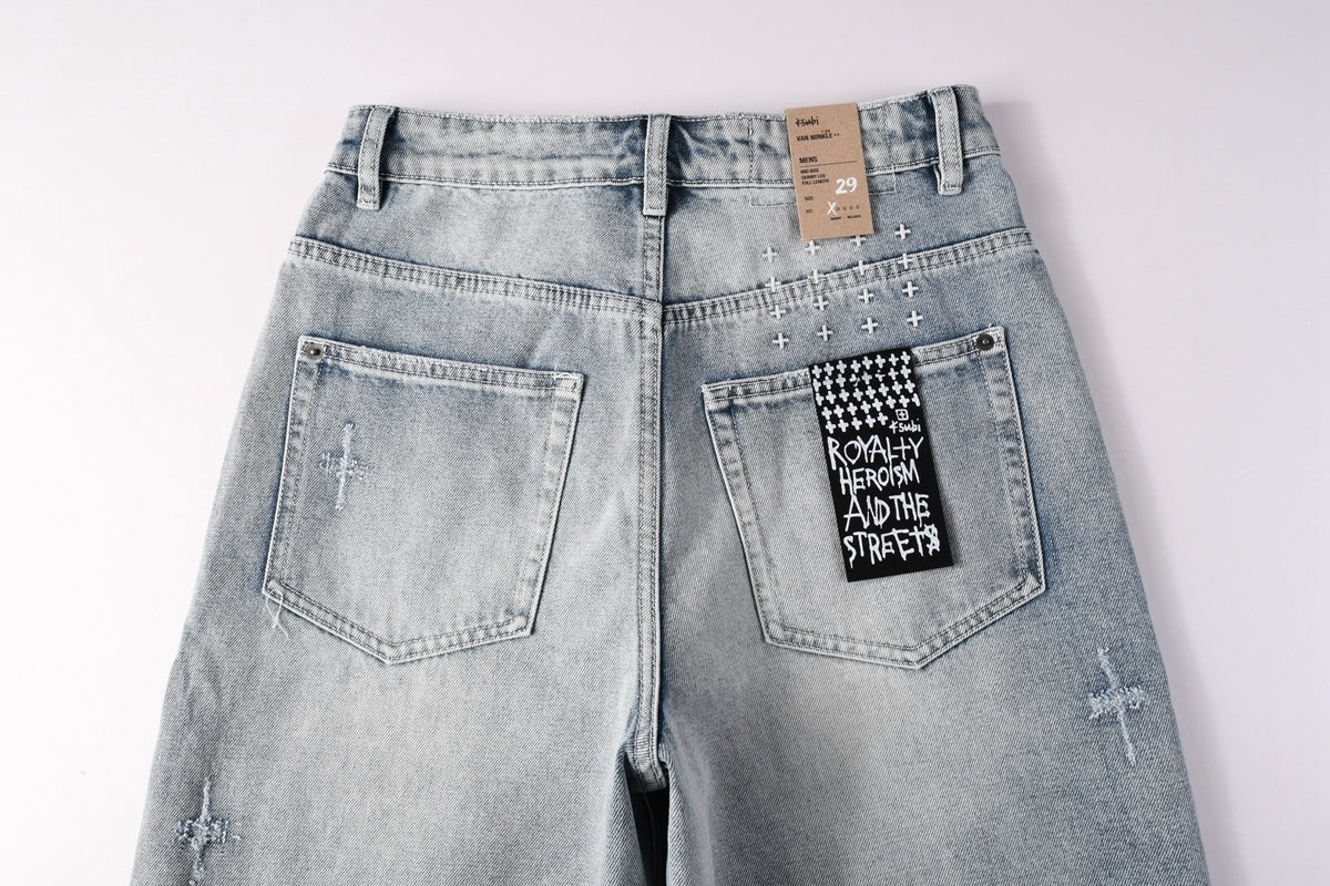 Men’s Light Wash Baggy Jeans - Cross Embroidered Loose Denim