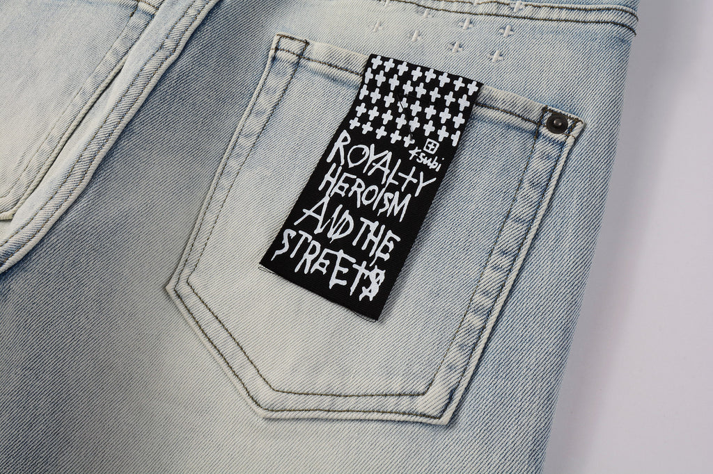 Men's Light Wash Graphic Print Distressed Skinny Jeans - Stretch Denim