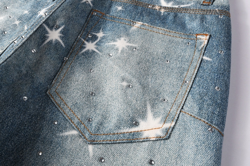 Distressed Blue Rhinestones Baggy Jeans - Printing Patterns & Loose Ripped Denim