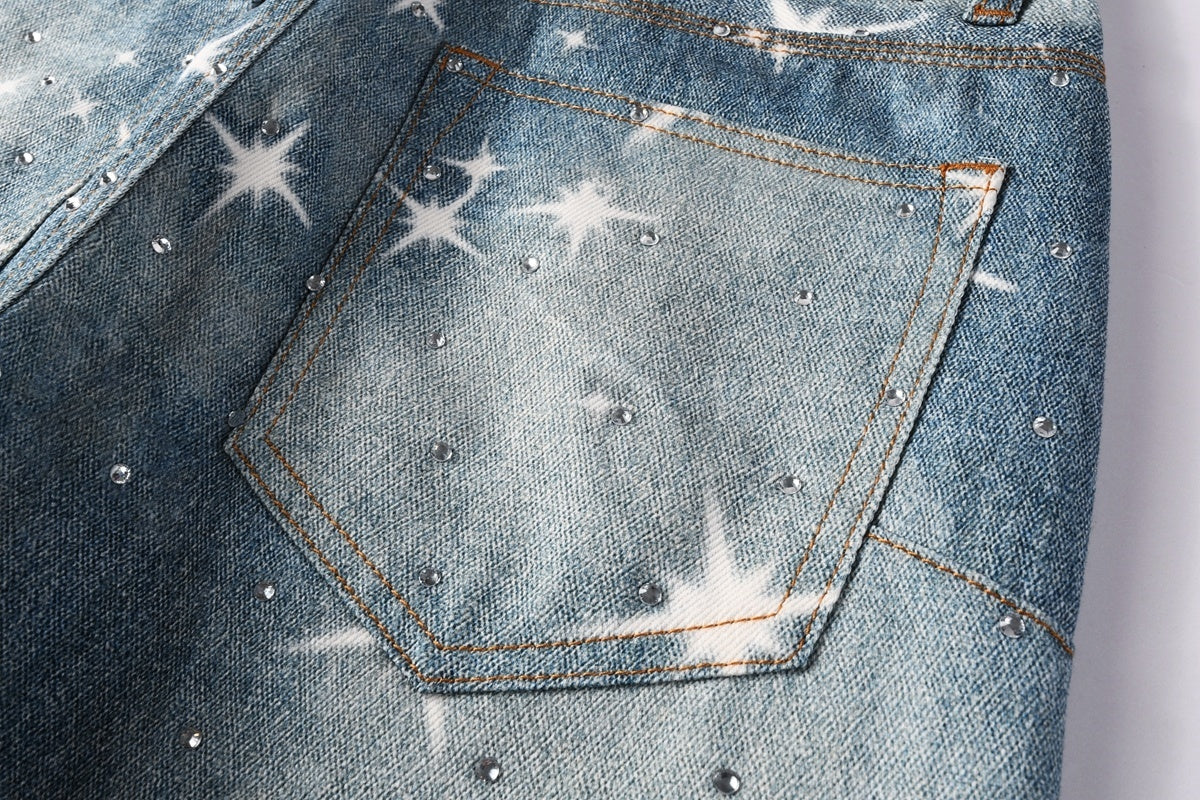 Distressed Blue Rhinestones Baggy Jeans - Printing Patterns & Loose Ripped Denim