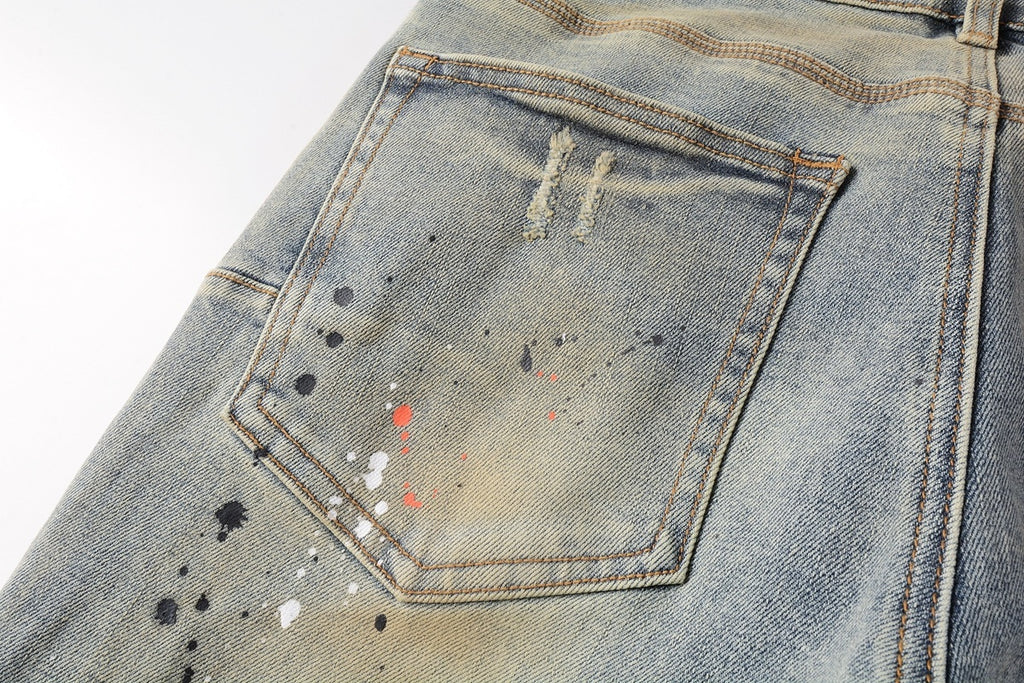 Men's Slim Fit Distressed Washed Light Blue Graffiti Jeans with Ripped Holes & Button Fly