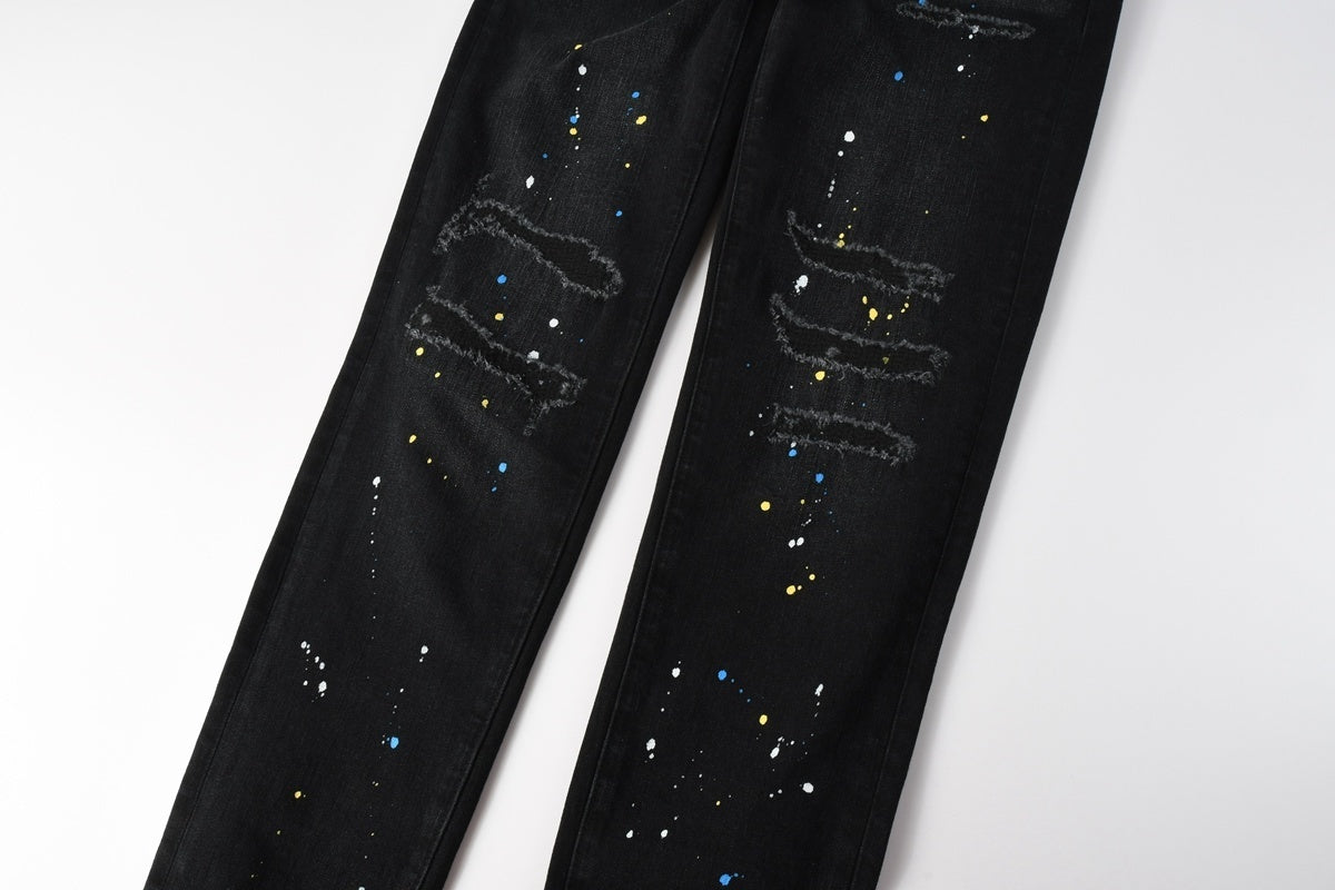 Men's Distressed Dark Black Skinny Jeans with Graffiti & Spray Paint Design & Ripped Holes