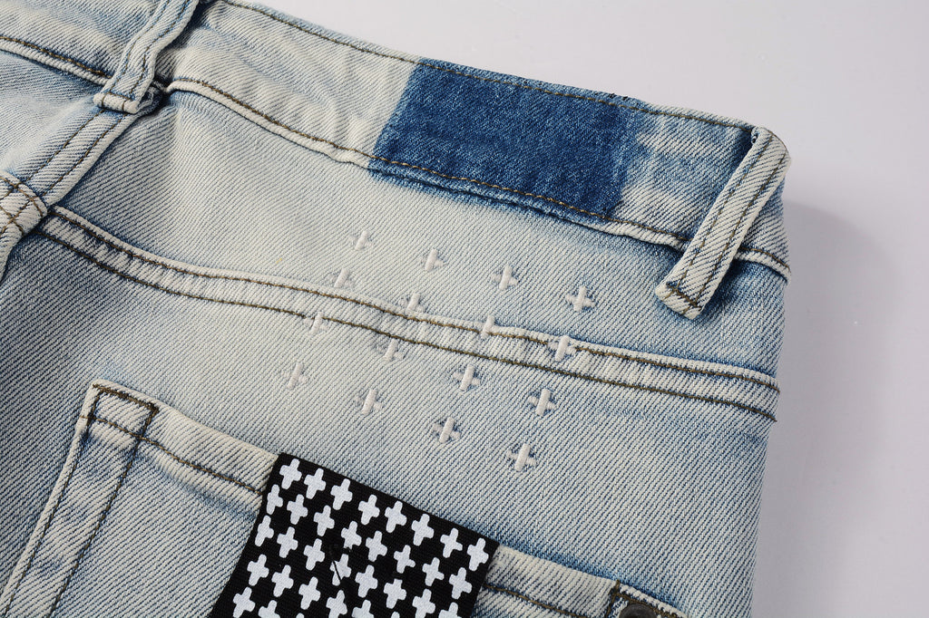 Men's Light Wash Graphic Print Distressed Skinny Jeans - Stretch Denim