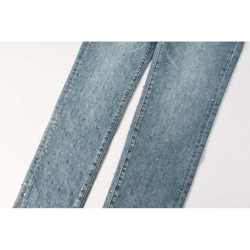 Men's Light Wash All-Over Rhinestone Skinny Jeans | Streetwear Slim Fit Embellished Denim Pants