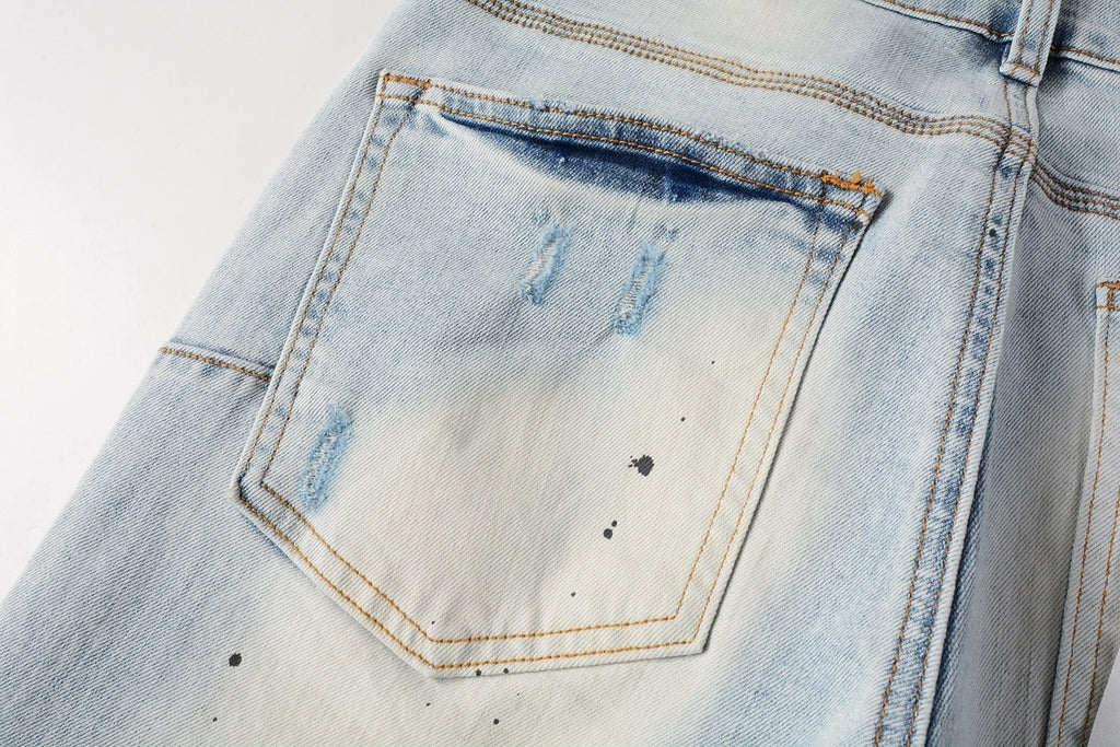 Men's High Street Washed Light Blue Distressed Damaged Holes Ripped Jeans