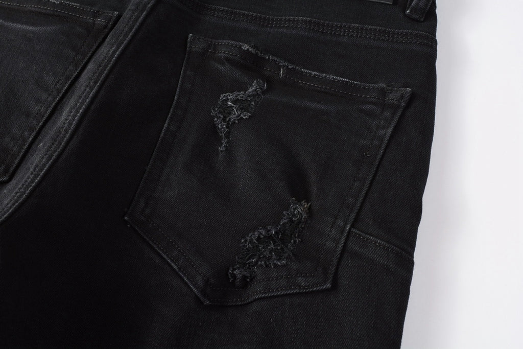 Men's Distressed Black Skinny Jeans with Ripped Holes & Button Fly