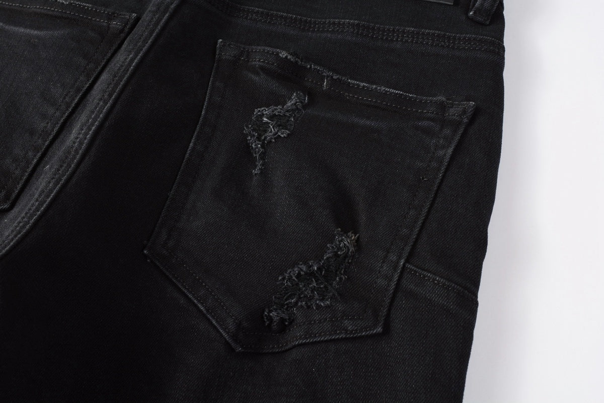 Men's Distressed Black Skinny Jeans with Ripped Holes & Button Fly