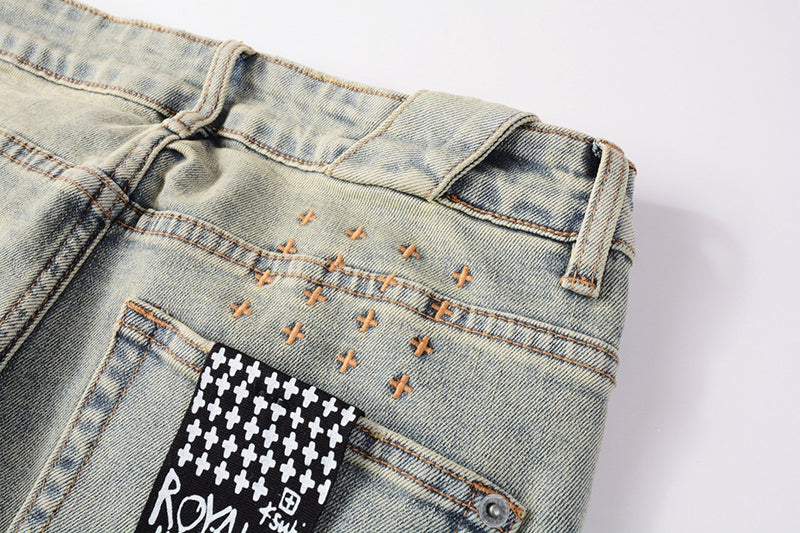 Men’s Vintage Light Wash Skull Print Skinny Jeans - Streetwear Denim Pants