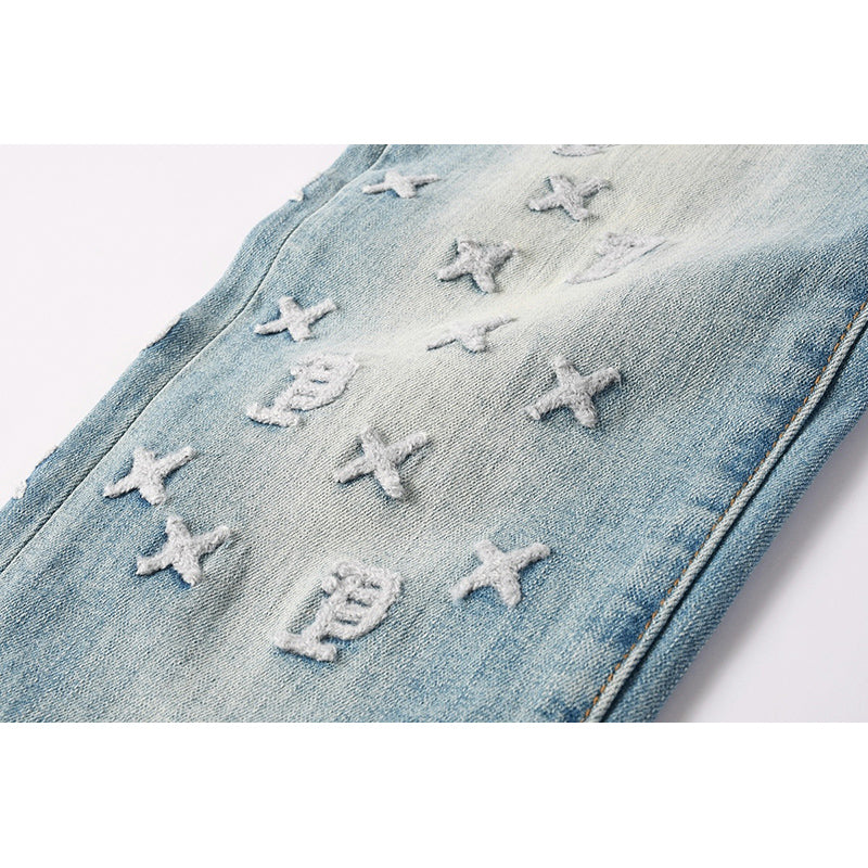 Men's Light Wash Embroidered Letter Skinny Jeans | Streetwear Slim Fit Distressed Denim Pants