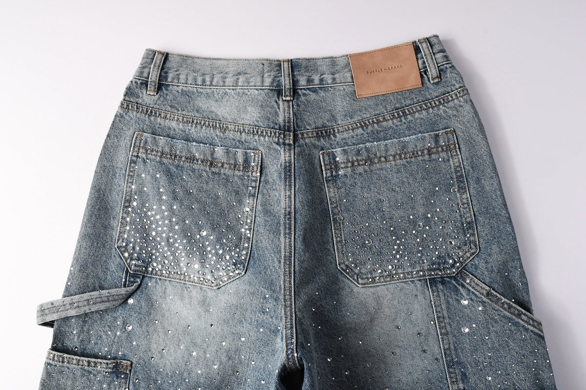 Men's Distressed Vintage Blue Denim Shorts with Rhinestones & Ripped Detailing