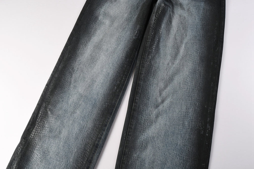 Men's Blue Coated Baggy Jeans with Wide Leg, Loose Fit & Stretch Denim