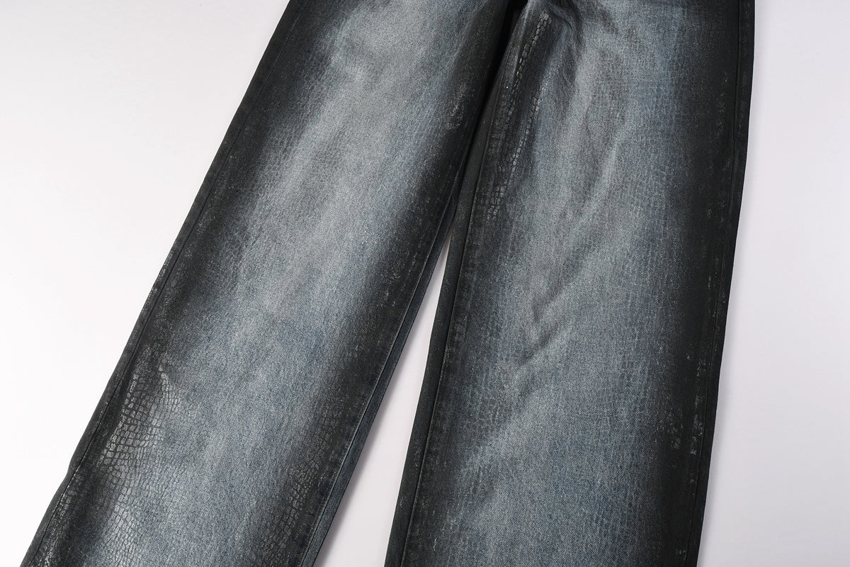 Men's Blue Coated Baggy Jeans with Wide Leg, Loose Fit & Stretch Denim