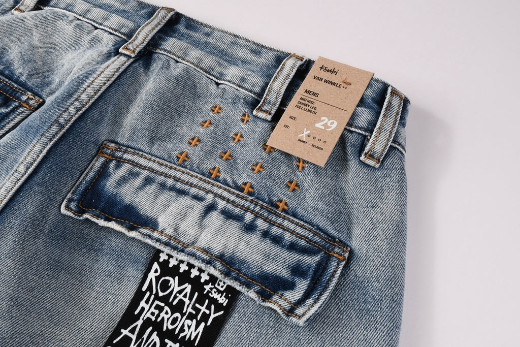 Men’s Light Wash Cargo Jeans - Baggy Utility Denim Pants
