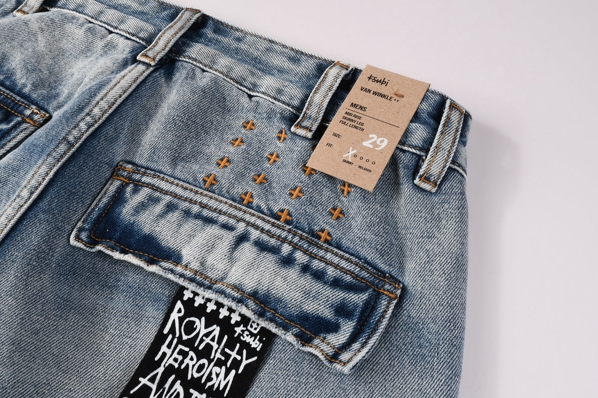 Men’s Light Wash Cargo Jeans - Baggy Utility Denim Pants