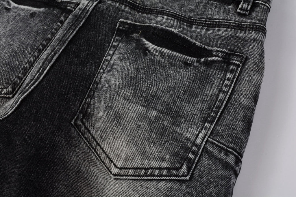 Men's Distressed Ash Gray Skinny Jeans with Ripped Holes & Button Fly