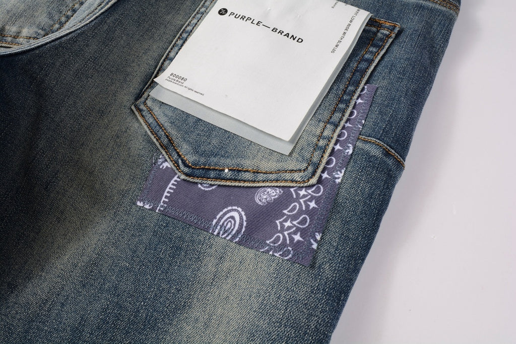 Men's Streetwear Classical Blue Distressed Bandanna Patchwork Stretch Slim Fit Ripped Jeans