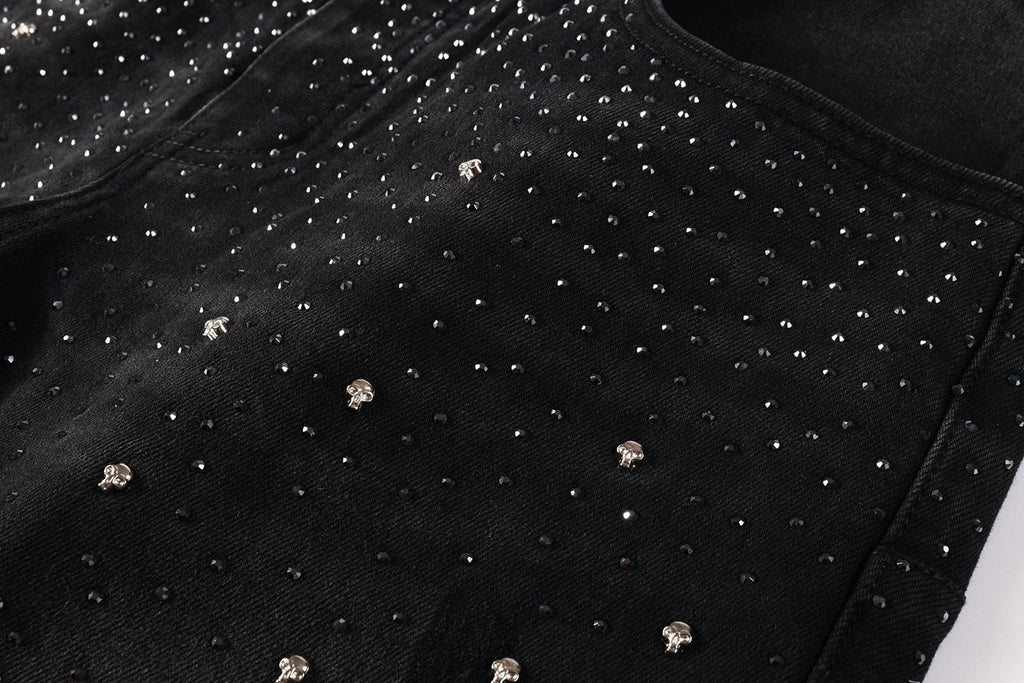 Men's Distressed Black Skinny Jeans with Ripped Holes, Rhinestones & Button Fly