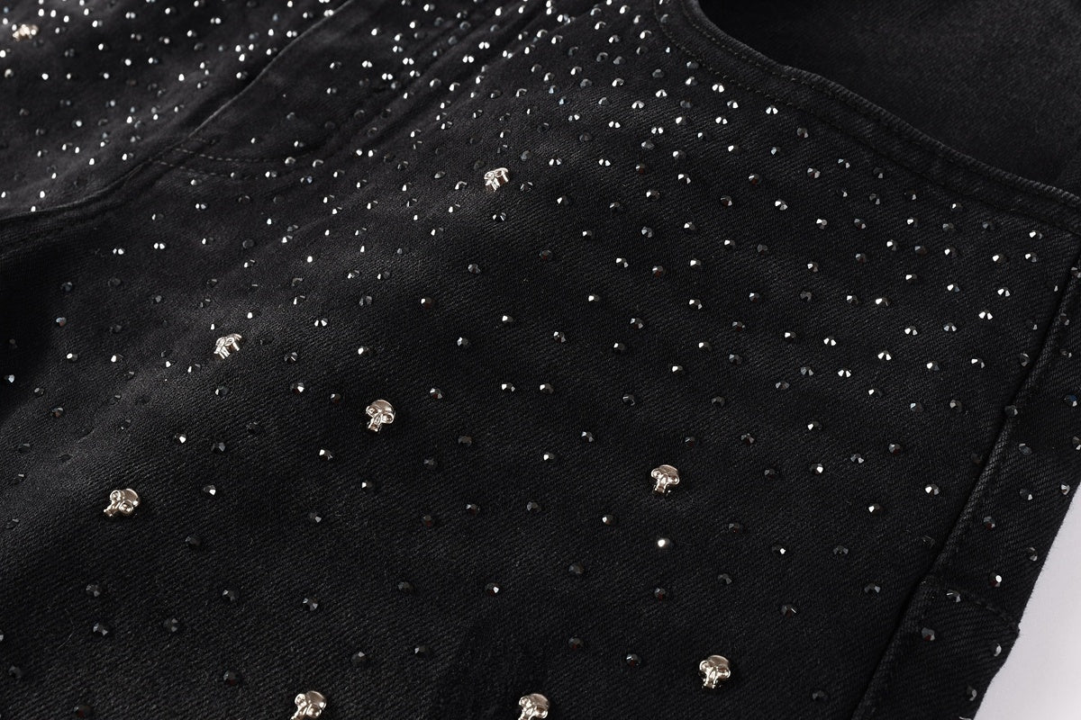 Men's Distressed Black Skinny Jeans with Ripped Holes, Rhinestones & Button Fly