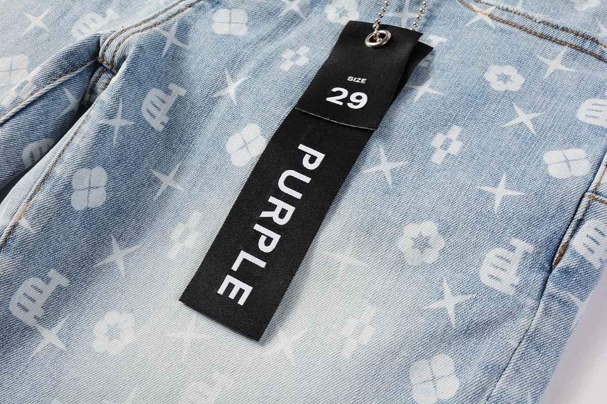 Men's Distressed Light Blue Skinny Jeans with Laser Print Patterns & Button Fly