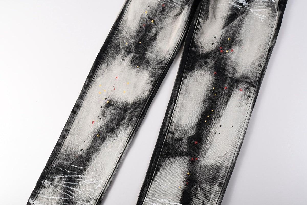 Men's Tie-Dye Graffiti Skinny Jeans with Ripped Holes & Button Fly